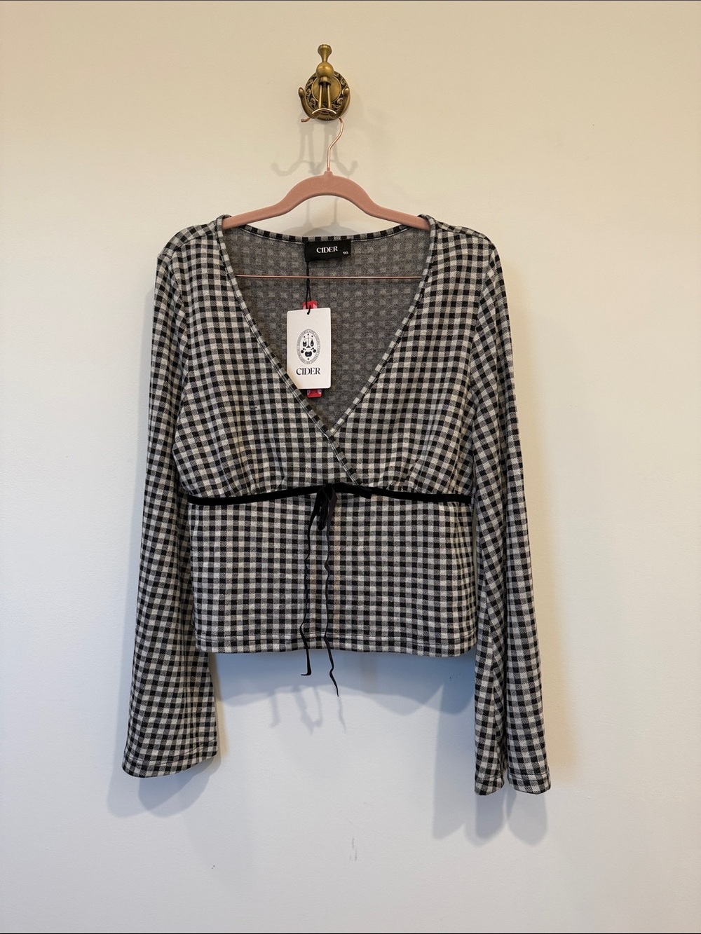 Cider Black and White Gingham Wrap Top with Waist Tie